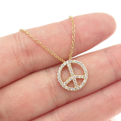 925 Sterling Silver Gold Plated Pave C Z Symbol of Peace Rolo Chain Necklace 18"