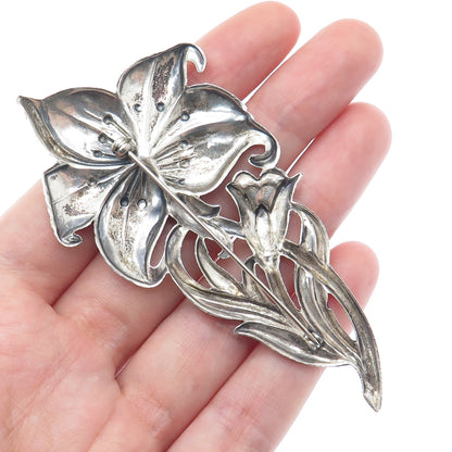 925 Sterling Silver Antique Art Deco Lily Flower Repousse Oxidized Pin Brooch