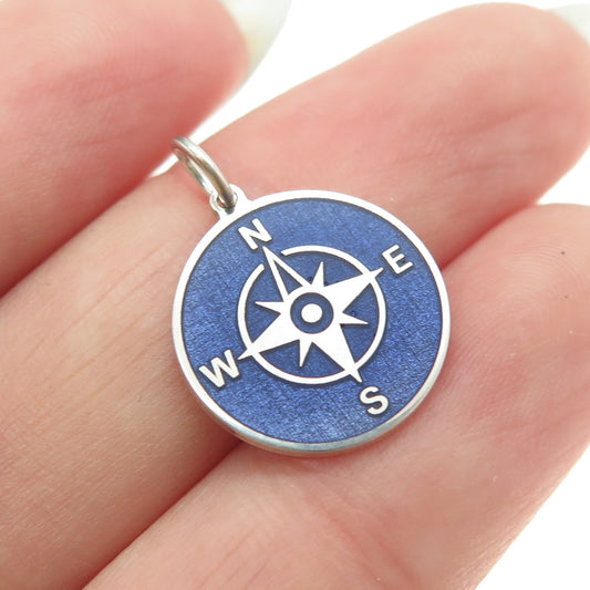 925 Sterling Silver Purple Enamel Compass Round Tag Minimalist Charm Pendant