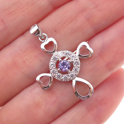 925 Sterling Silver Lavender & White C Z Heart Cross Charm Pendant