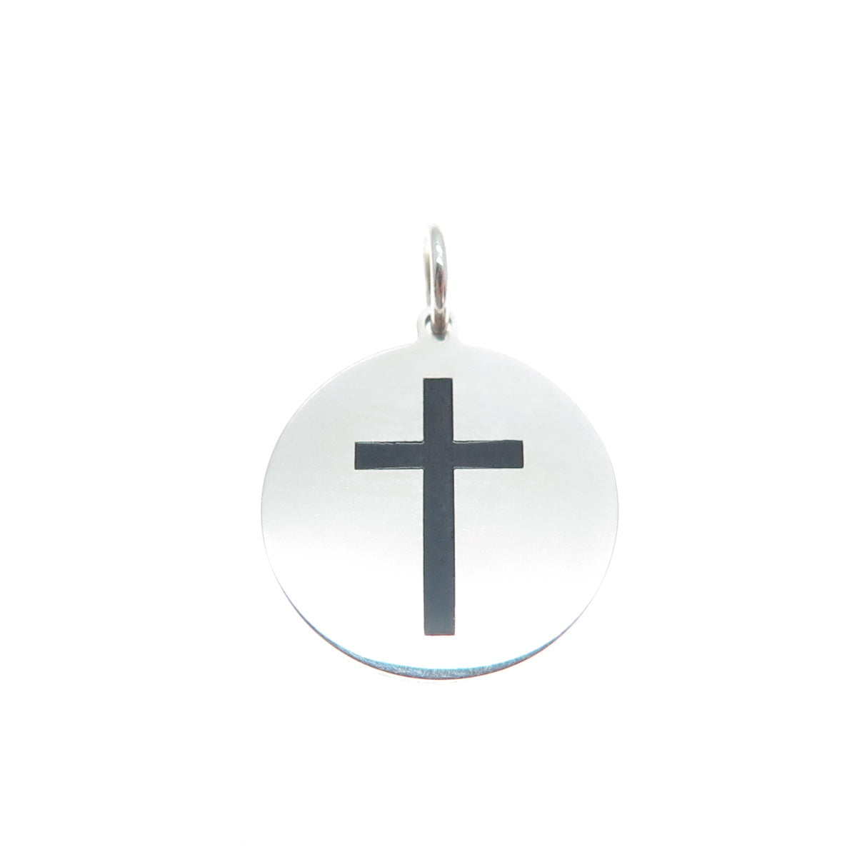 925 Sterling Silver Black Enamel Cross Round Tag Minimalist Charm Pendant