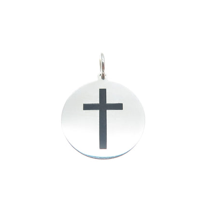 925 Sterling Silver Black Enamel Cross Round Tag Minimalist Charm Pendant