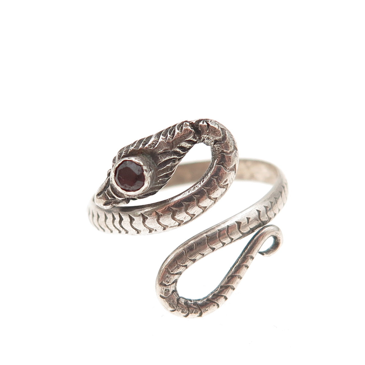 925 Sterling Silver Vintage Real Garnet Snake Oxidized Adjustable Ring Size 9