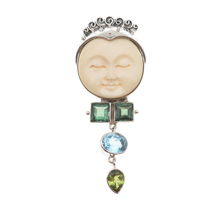 925 Sterling Silver Vintage Real Tourmaline Blue Topaz Peridot Moon Pin Pendant