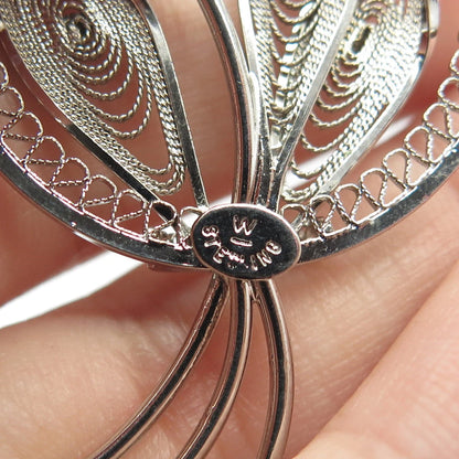 925 Sterling Silver Vintage Real Rhodochrosite Gem Leaf Filigree Pin Brooch