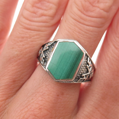 925 Sterling Silver Vintage Real Malachite Snowflake Oxidized Ring Size 10.25