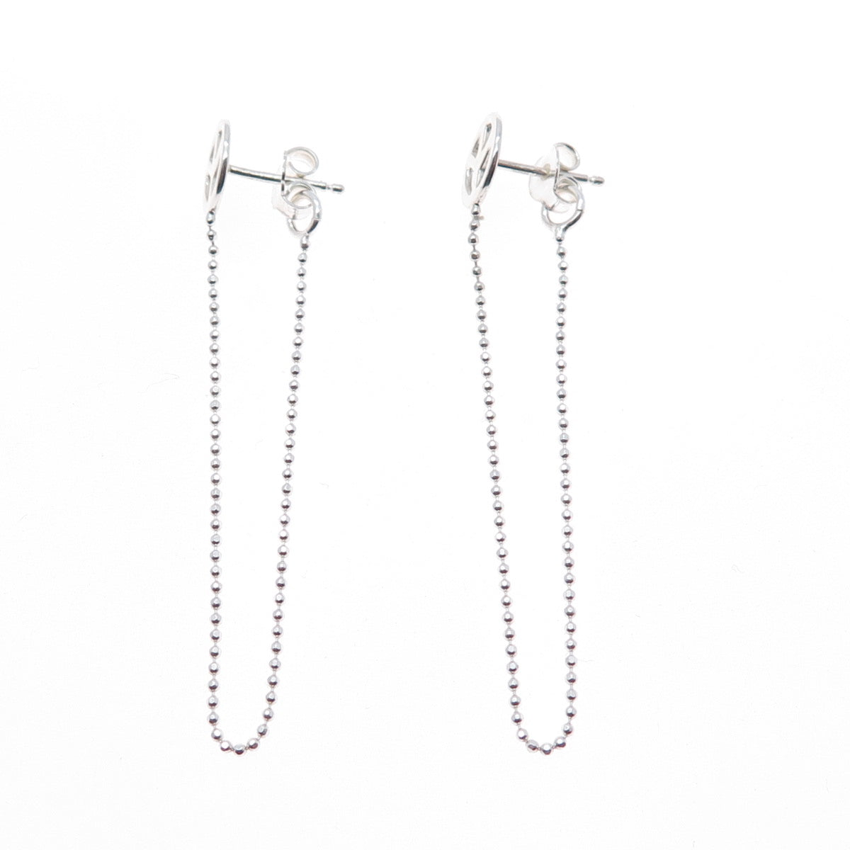 925 Sterling Silver Peace Symbol Ball Beaded Chain Dangle Earrings