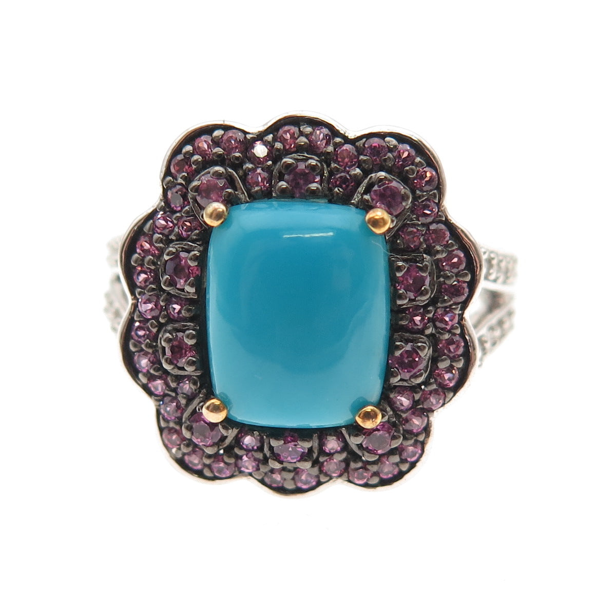 925 Sterling Silver Real Turquoise Amethyst & White Topaz Ring Size 8.25