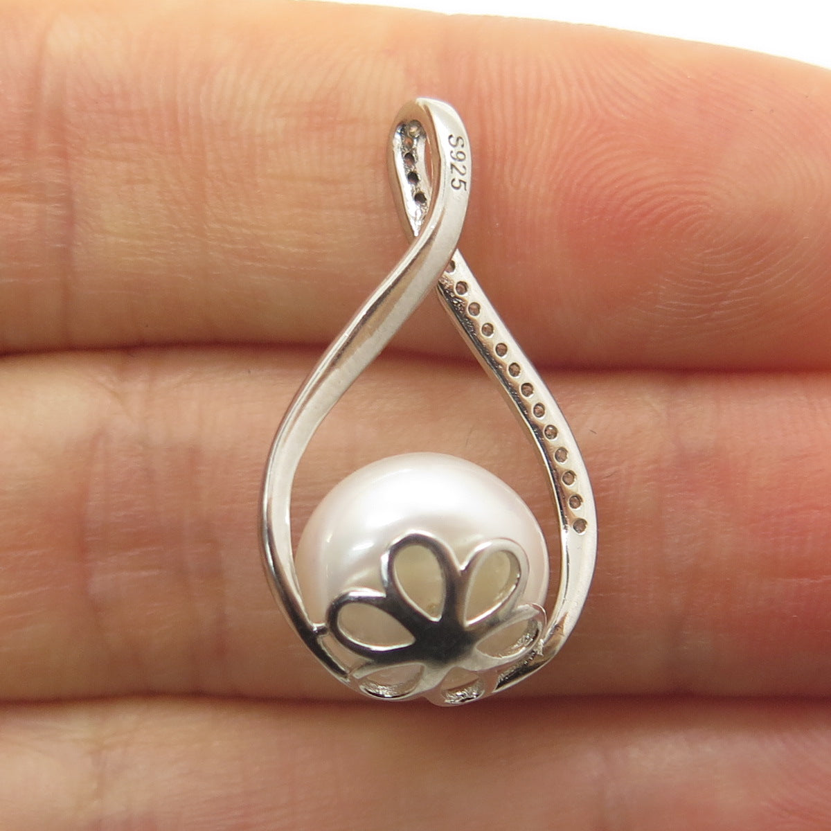 925 Sterling Silver Real Pearl & C Z Infinity Minimalist Pendant