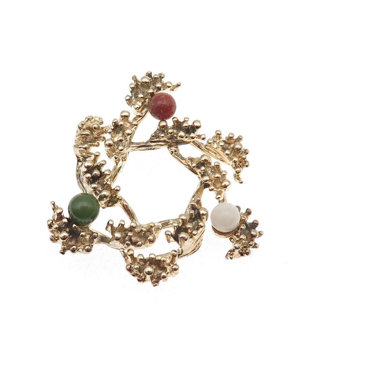 Wells 925 Sterling Gold Plated Vintage Real Jade Moonstone Rhodonite Pin Brooch