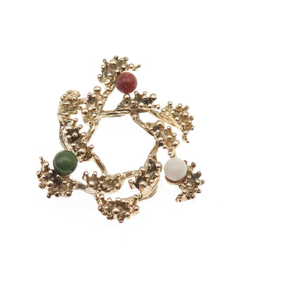 Wells 925 Sterling Gold Plated Vintage Real Jade Moonstone Rhodonite Pin Brooch