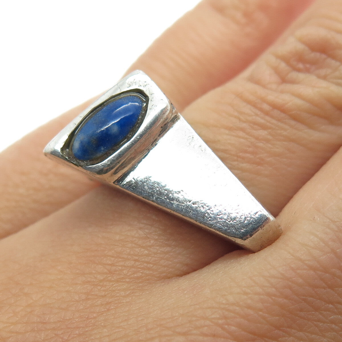 925 Sterling Silver Vintage Real Lapis Lazuli Gemstone Bar Ring Size 6