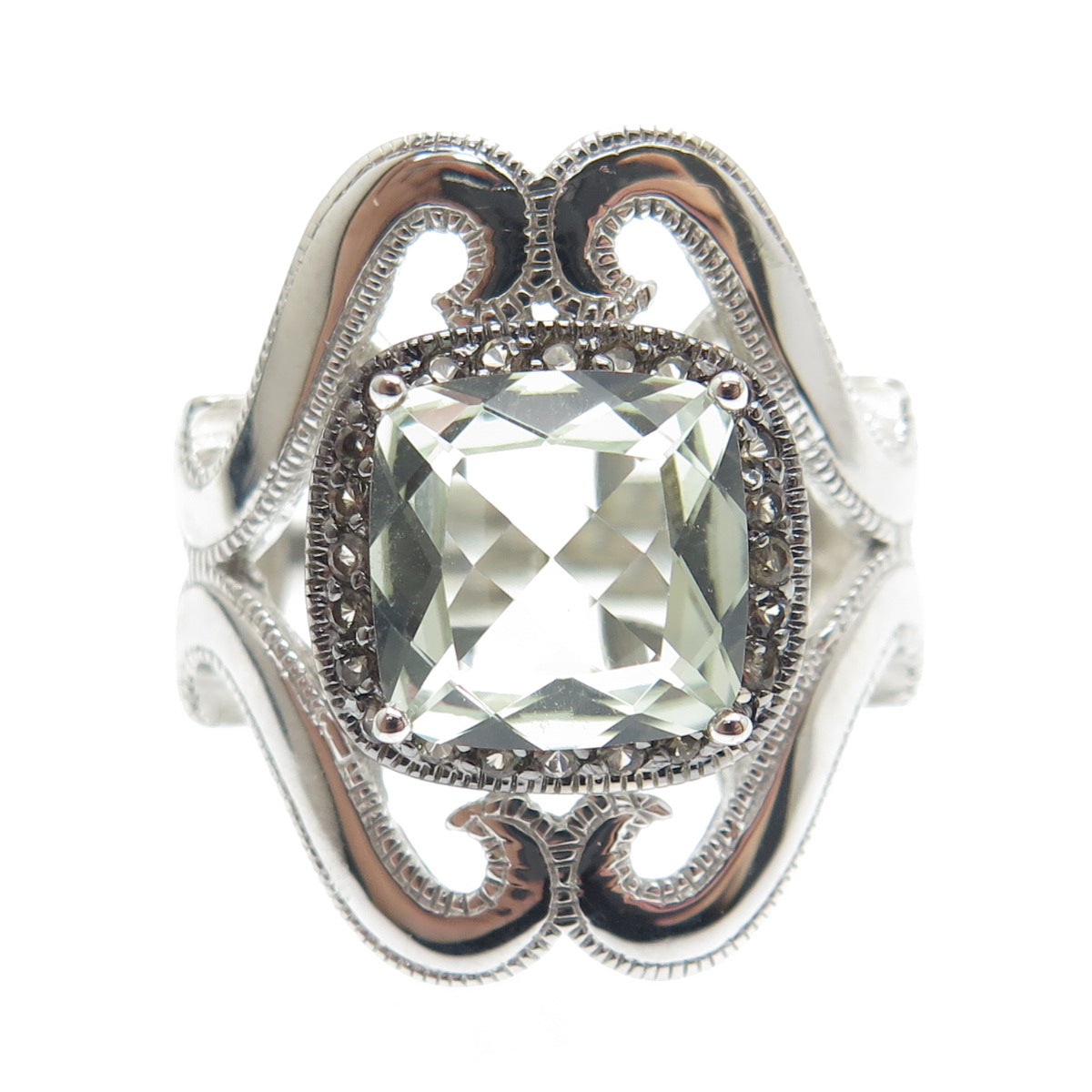 925 Sterling Silver Real Round-Cut Diamond & Green Amethyst Ring Size 7.25