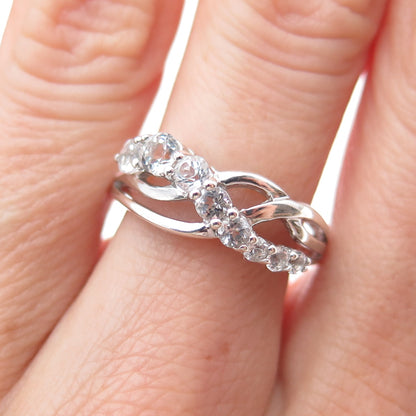 925 Sterling Silver Real Round-Cut White Topaz Crisscross Ring Size 7