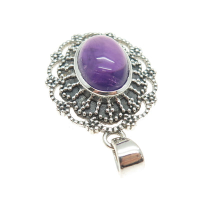 925 Sterling Silver Vintage Real Amethyst Floral Granulated Oxidized Pendant