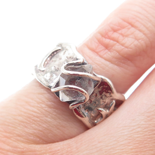 925 Sterling Silver Vintage Real Clear Quartz Modernist Band Ring Size 6.5