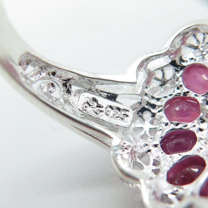 925 Sterling Silver Real Oval-Cut Ruby Flower Ring Size 6