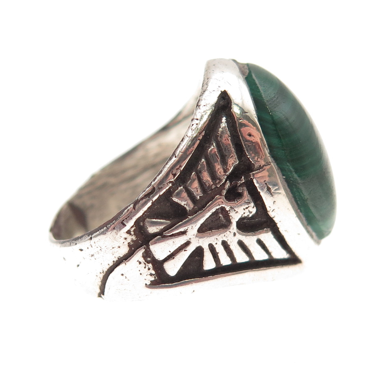 Old Pawn 925 Sterling Silver Vintage Malachite Thunderbird Tribal Ring Size 7