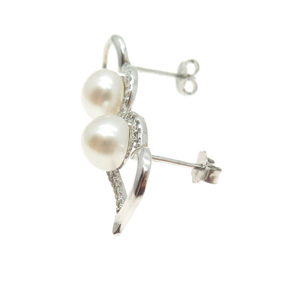 925 Sterling Silver Real Pearl & C Z Open Heart Stud Earrings