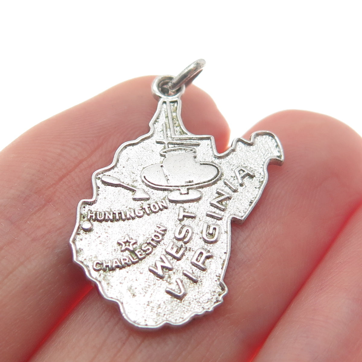 WELLS 925 Sterling Silver Vintage West Virginia Mountain State Map Charm Pendant