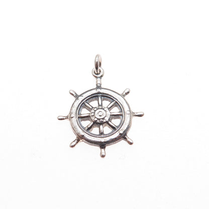 925 Sterling Silver Vintage Helm Ship Wheel Oxidized Minimalist Charm Pendant