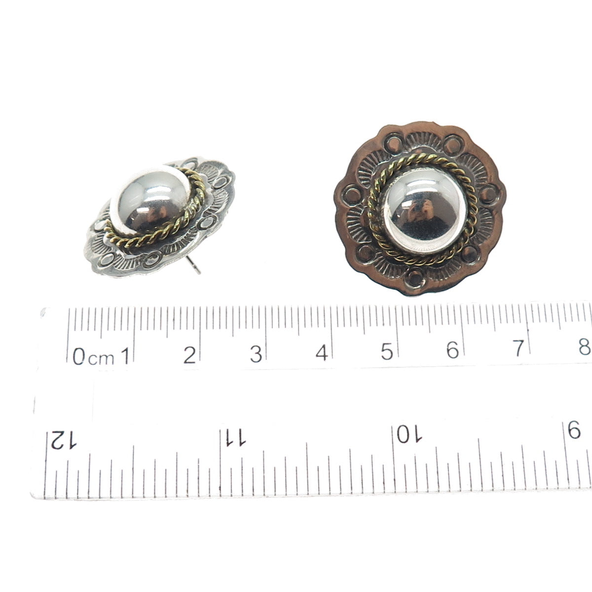 925 Sterling Silver 2-Tone Vintage Modernist Dome Disc Oxidized Earrings