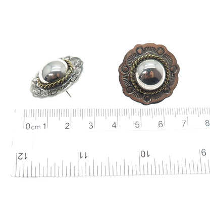 925 Sterling Silver 2-Tone Vintage Modernist Dome Disc Oxidized Earrings