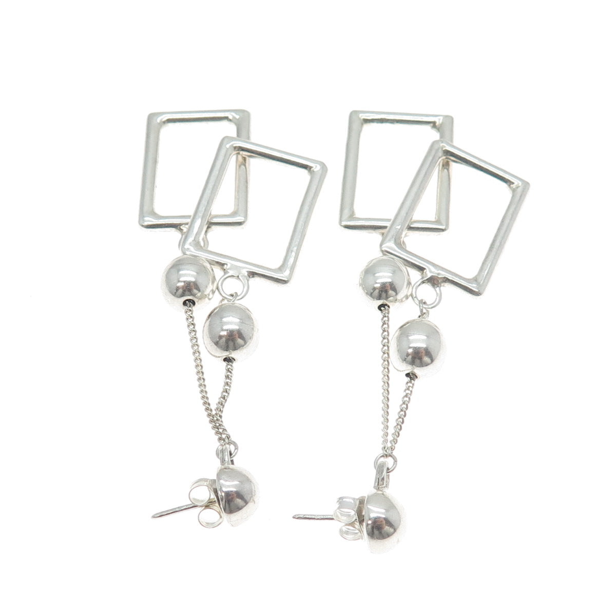 925 Sterling Silver Vintage Modernist Drop Ball & Frame Dangle Earrings