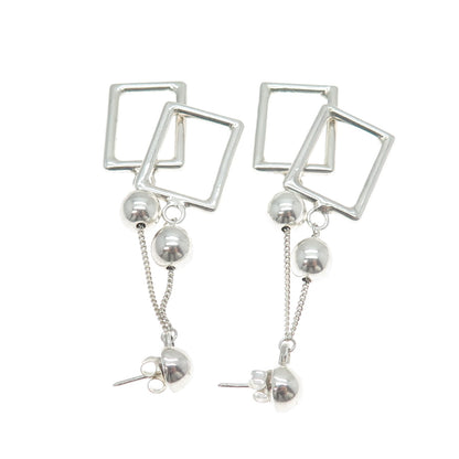 925 Sterling Silver Vintage Modernist Drop Ball & Frame Dangle Earrings