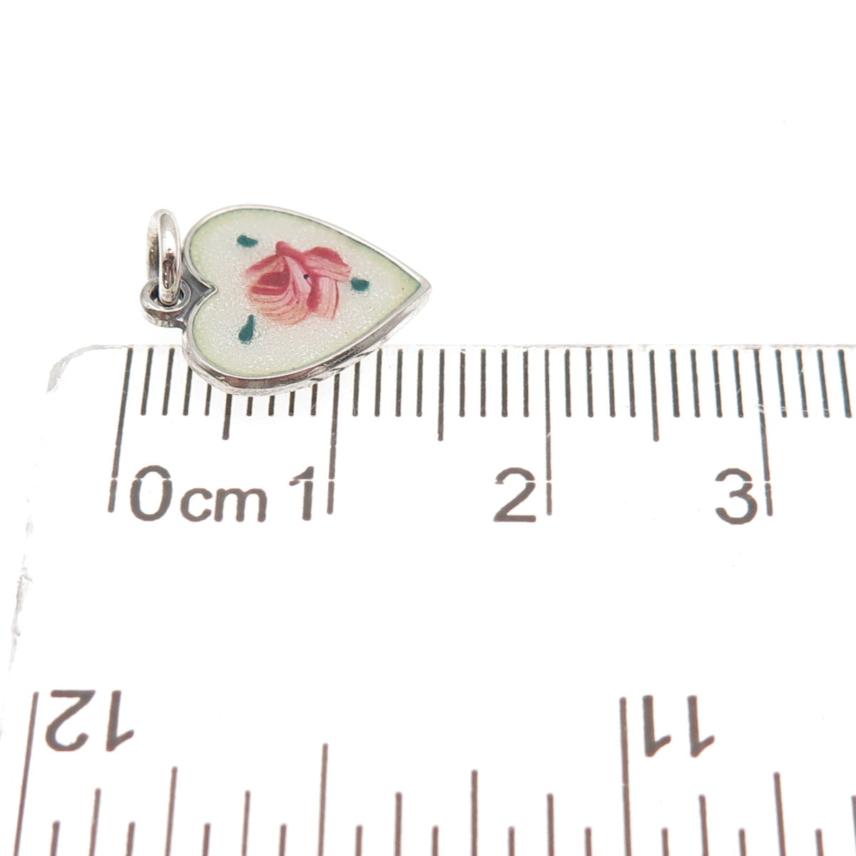 925 Sterling Silver Antique Art Deco Enamel Rose Chatelaine Heart Mini Pendant
