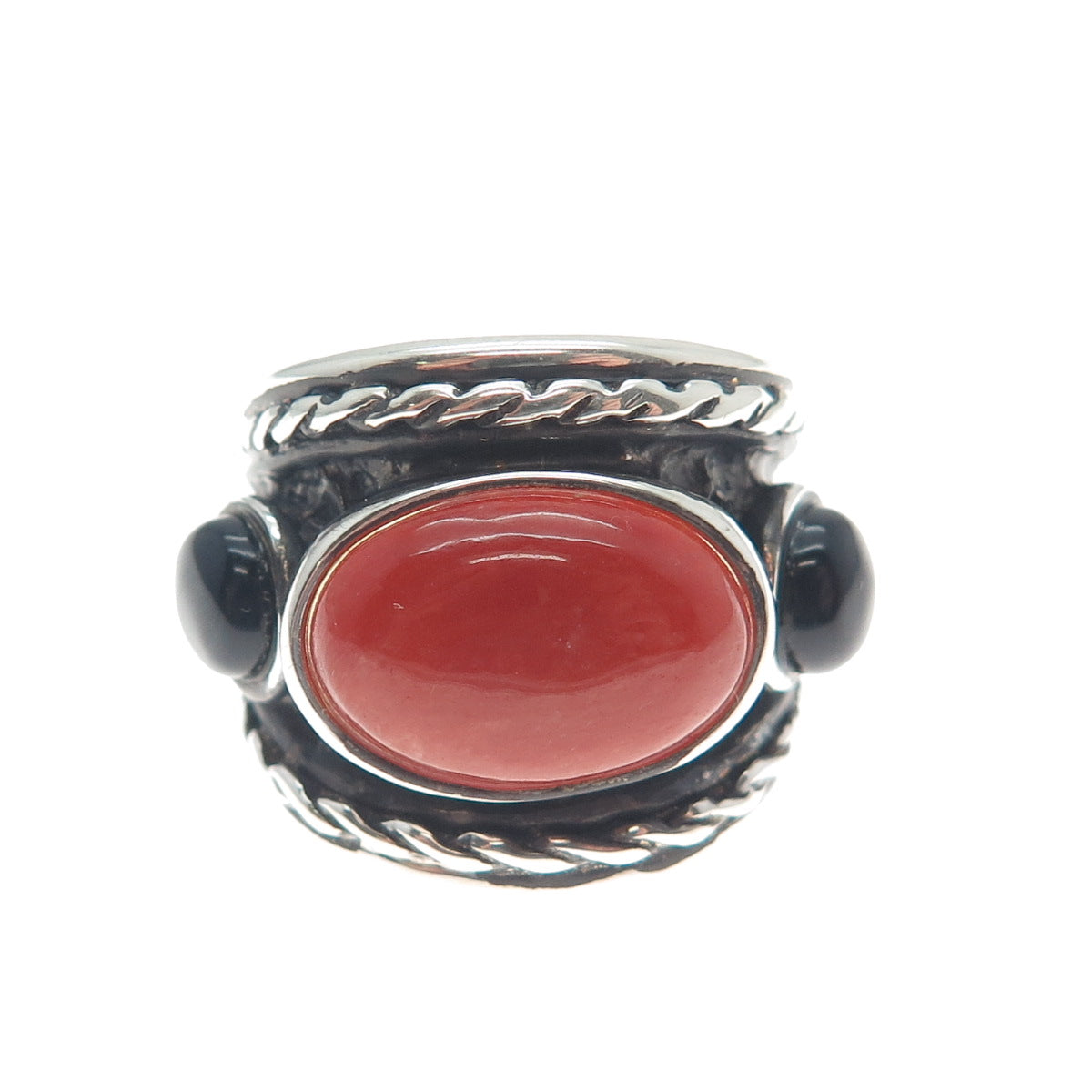 925 Sterling Silver Vintage WW Hong Kong Real Red Jade & Black Onyx Ring Size 6