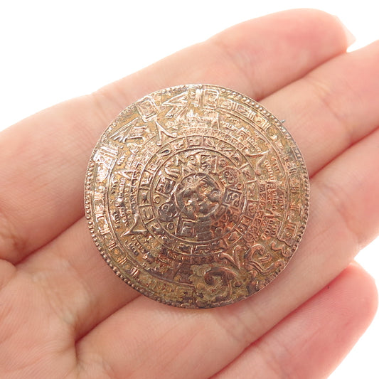 925 Sterling Silver 2-Tone Vintage Mexico Mayan Calendar Pin Brooch / Pendant