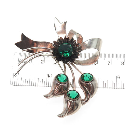 925 Sterling Silver Antique Art Deco Green Rhinestone Floral Leaf Bow Pin Brooch