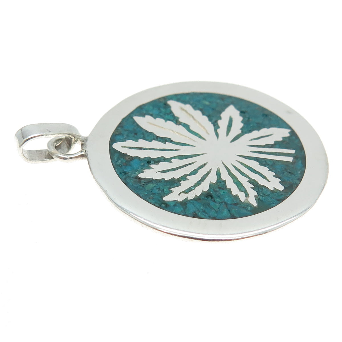 925 Sterling Silver Vintage Mexico Real Turquoise Inlay Cannabis Round Pendant