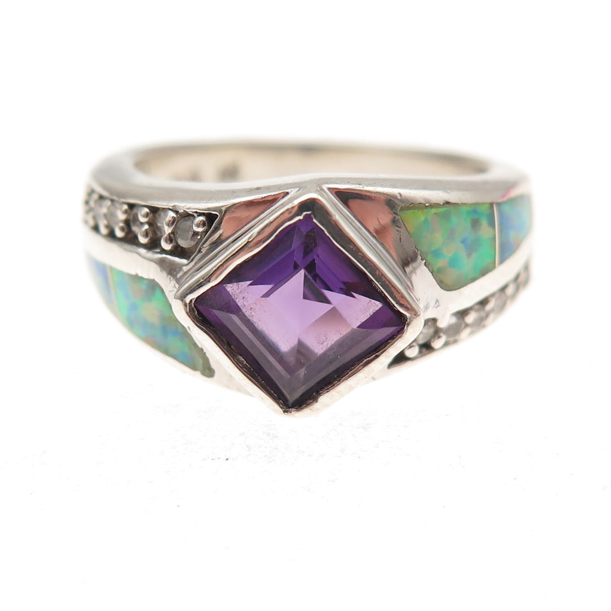 Aziz Kahili 925 Sterling Silver Vintage Real Amethyst Opal & C Z Ring Size 6.5