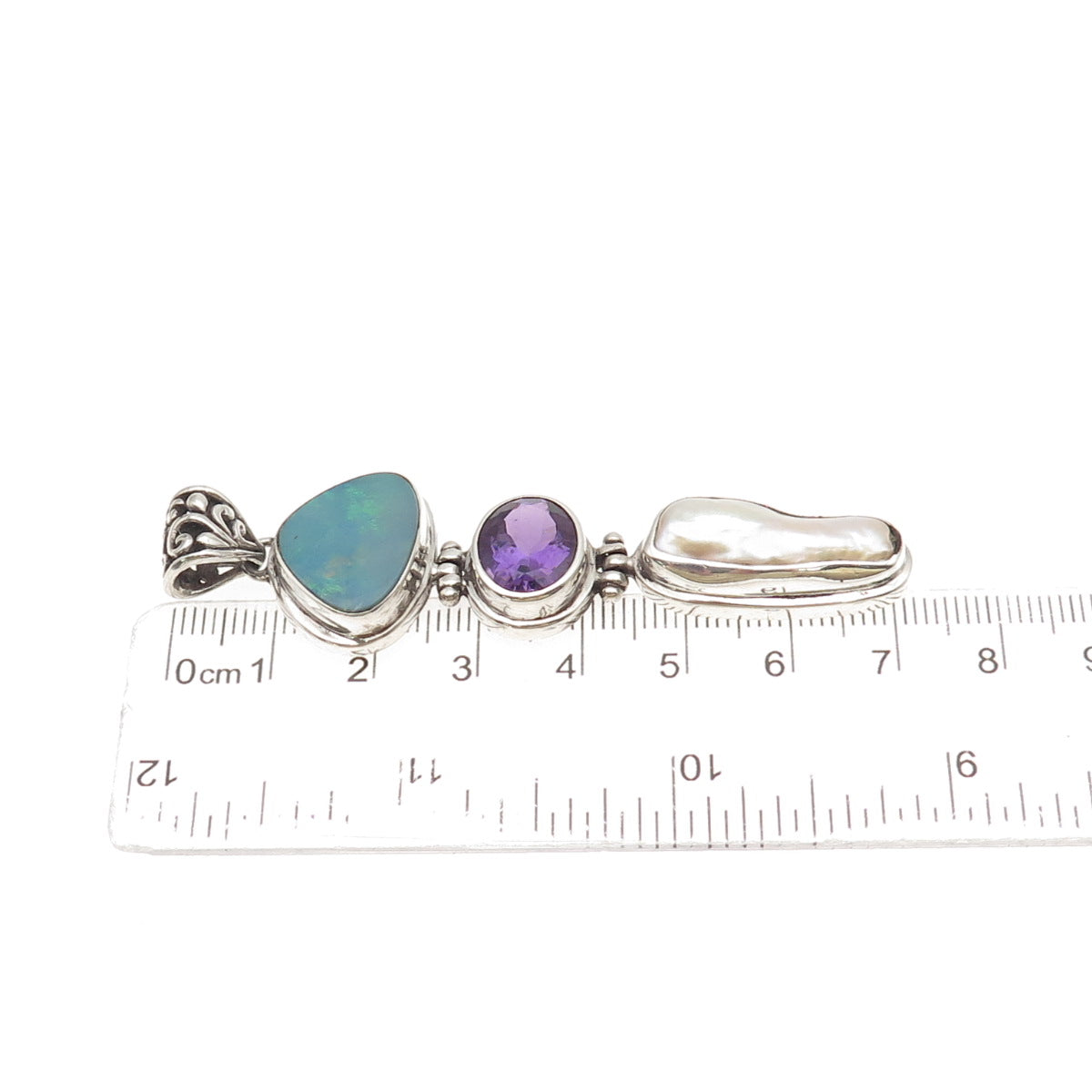925 Sterling Silver Vintage Real Pearl Opal Lab-Created Peacock Sapphire Pendant