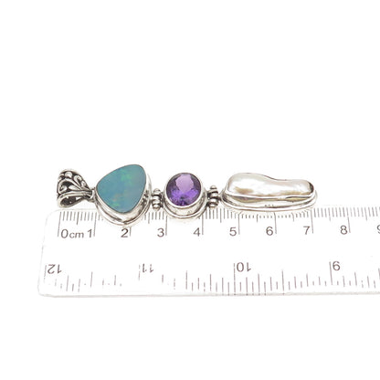 925 Sterling Silver Vintage Real Pearl Opal Lab-Created Peacock Sapphire Pendant