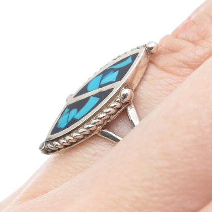 925 Sterling Silver Vintage Southwestern Turquoise Inlay Oxidized Ring Size 7.5