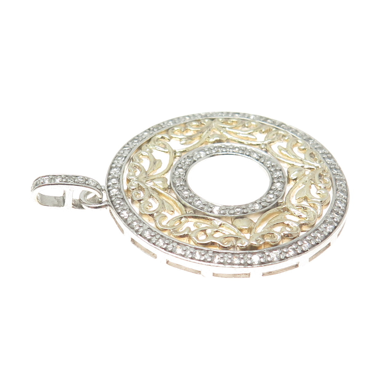 925 Sterling Silver 2-Tone Round-Cut C Z Floral Circle Pendant