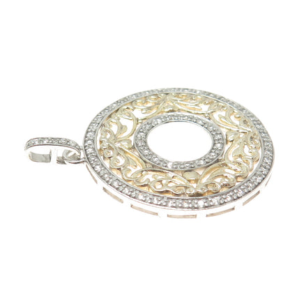 925 Sterling Silver 2-Tone Round-Cut C Z Floral Circle Pendant