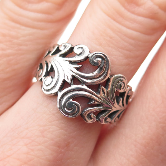 925 Sterling Silver Vintage Modernist Floral Oxidized Bypass Ring Size 8