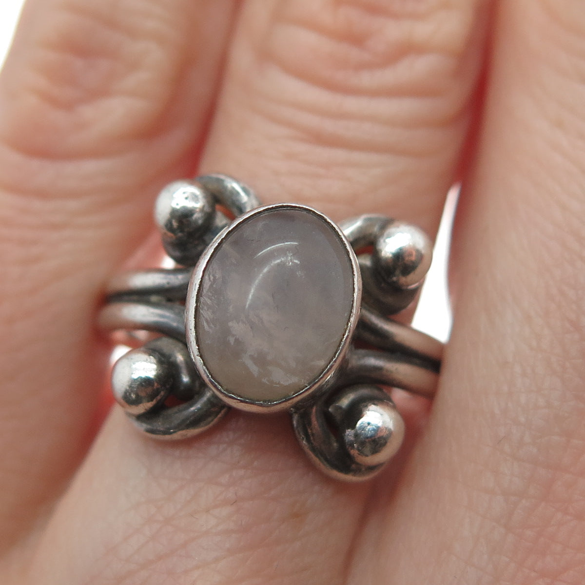 925 Sterling Silver Vintage Real Rose Quartz Oxidized Ring Size 8.5
