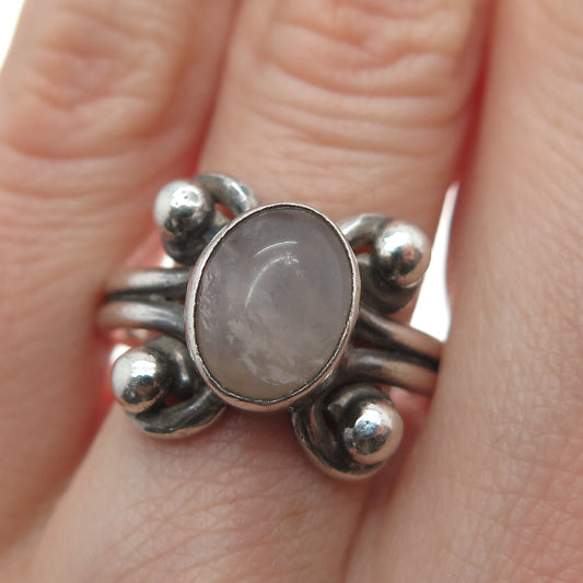 925 Sterling Silver Vintage Real Rose Quartz Oxidized Ring Size 8.5