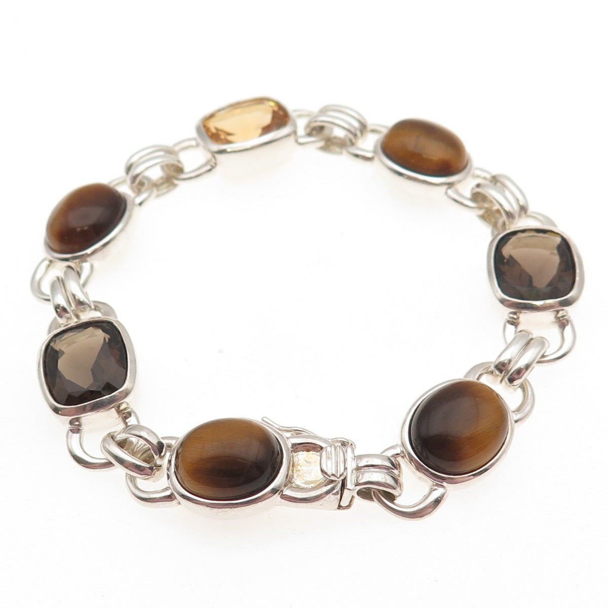925 Sterling Silver Vintage Real Citrine Smoky Quartz Tiger Eye Bracelet 7"
