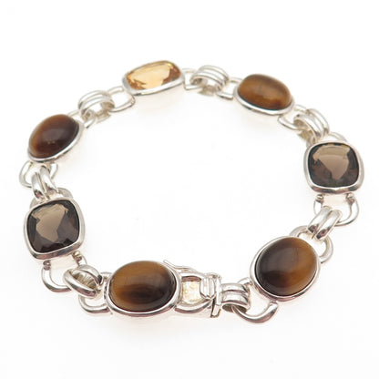 925 Sterling Silver Vintage Real Citrine Smoky Quartz Tiger Eye Bracelet 7"