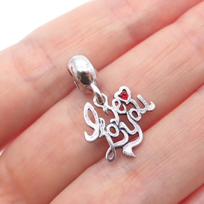 925 Sterling Silver Vintage Red Rhinestone Love You Minimalist Charm Pendant