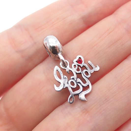 925 Sterling Silver Vintage Red Rhinestone Love You Minimalist Charm Pendant