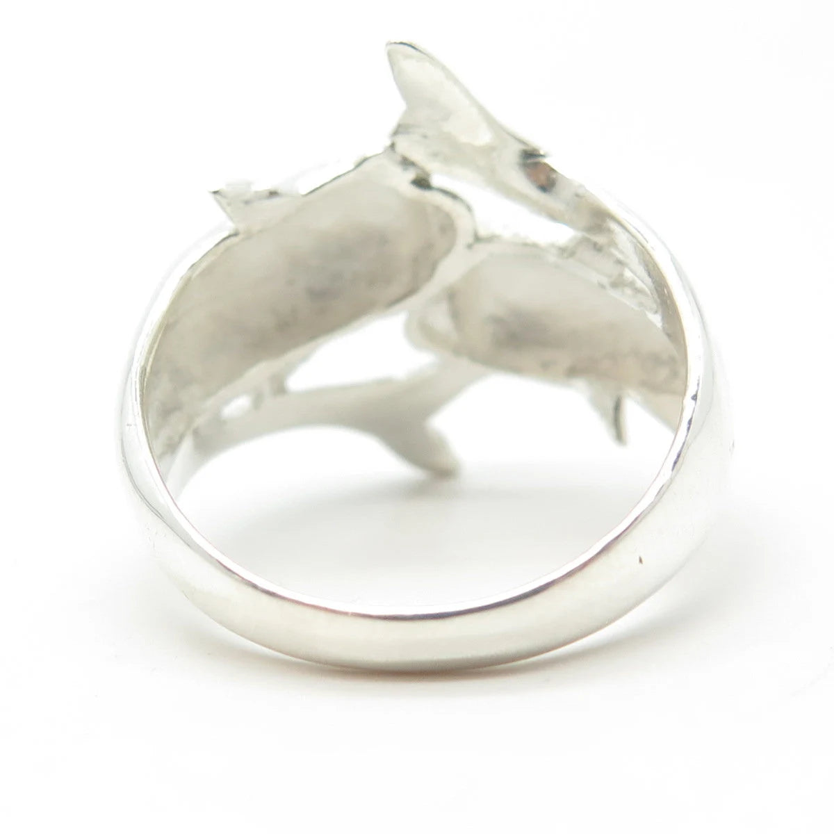 925 Sterling Silver Vintage Shiny 2 Playing Dolphins Cocktail Ring Size 9.25