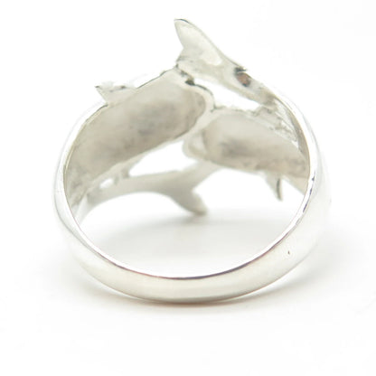925 Sterling Silver Vintage Shiny 2 Playing Dolphins Cocktail Ring Size 9.25