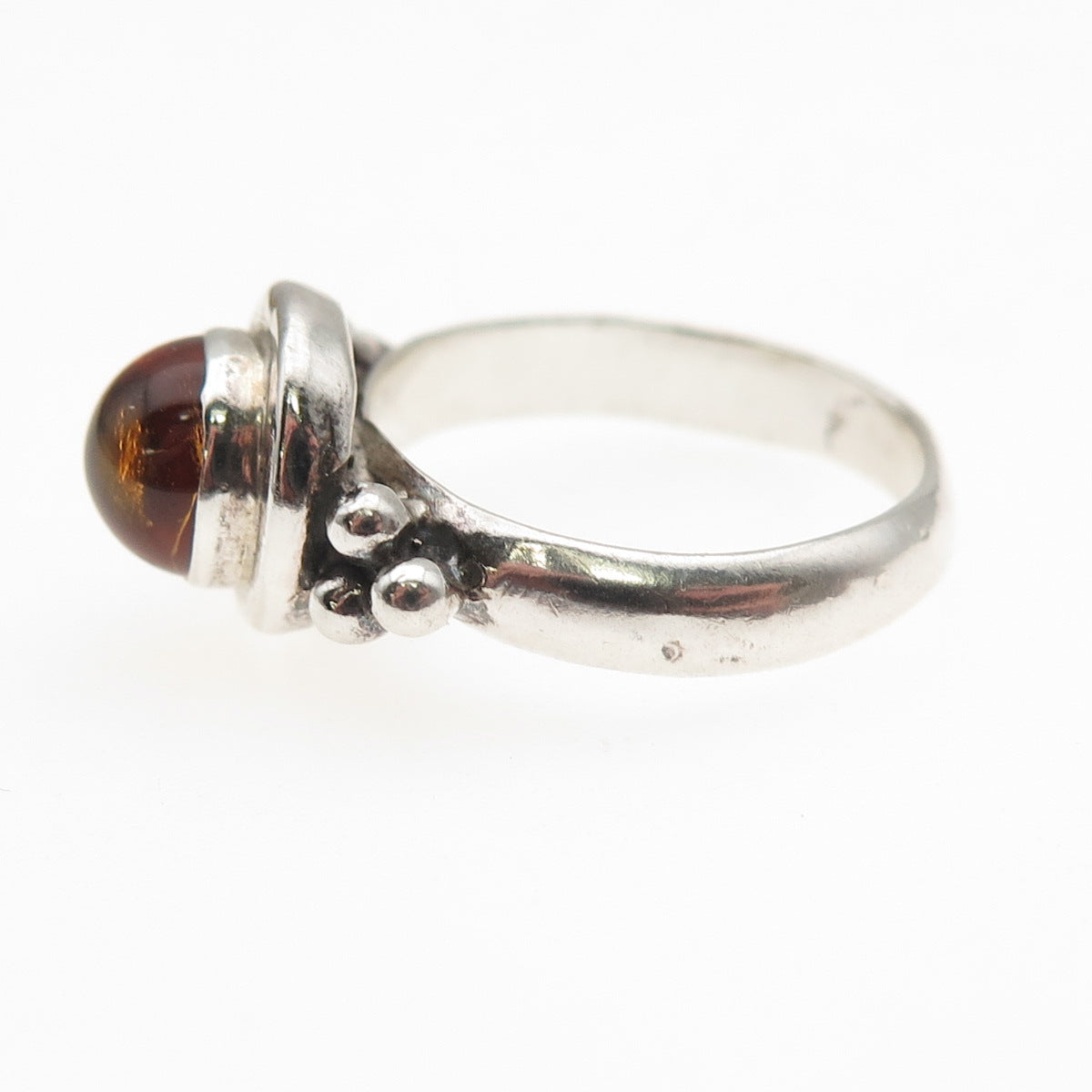 925 Sterling Silver Vintage Real Amber Beaded Oxidized Ring Size 6